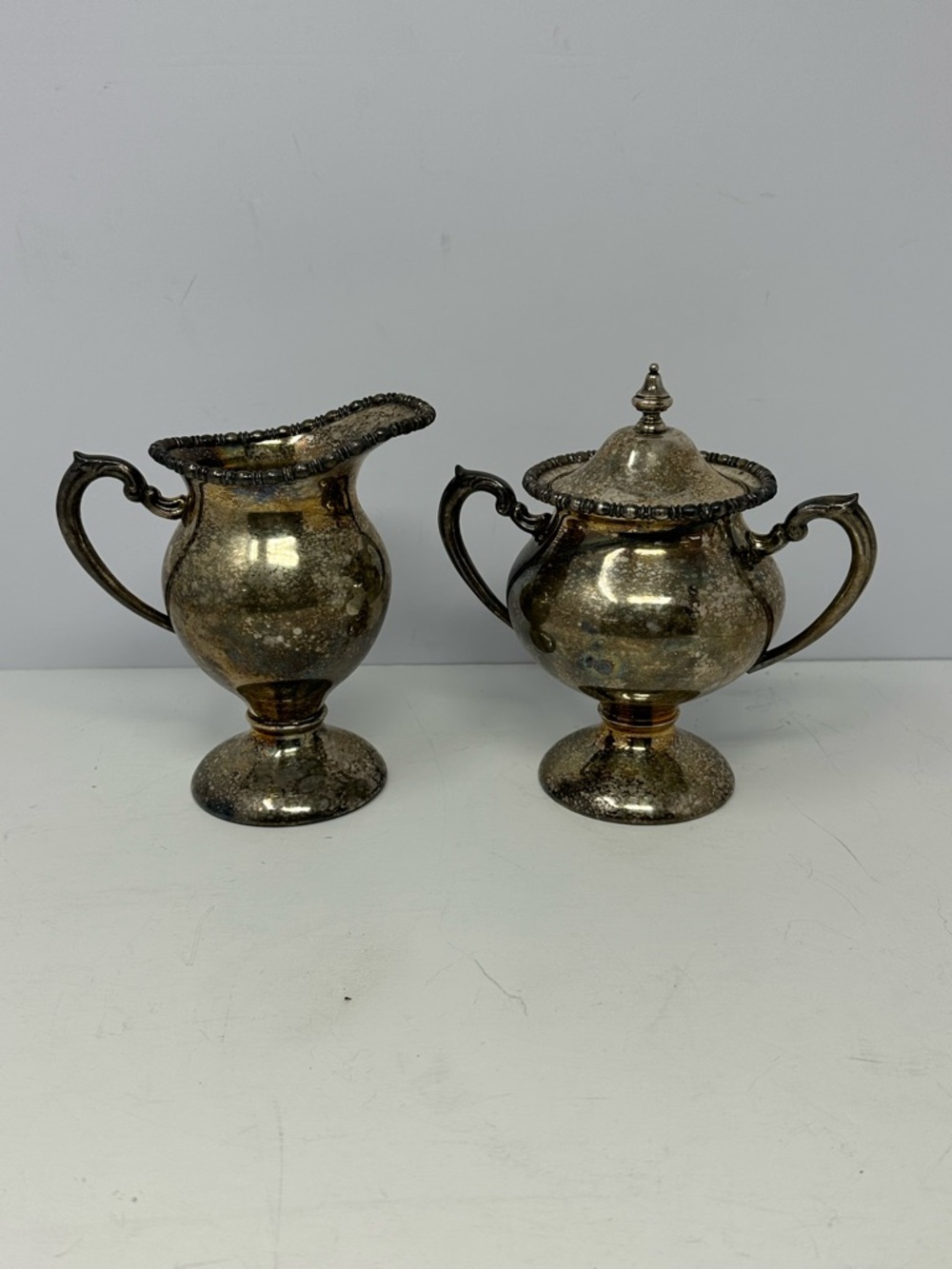 LEHMAN BRO. ANTIQUE SILVER ON COPPER CREAMER SUGAR SET VICTORIAN Q7